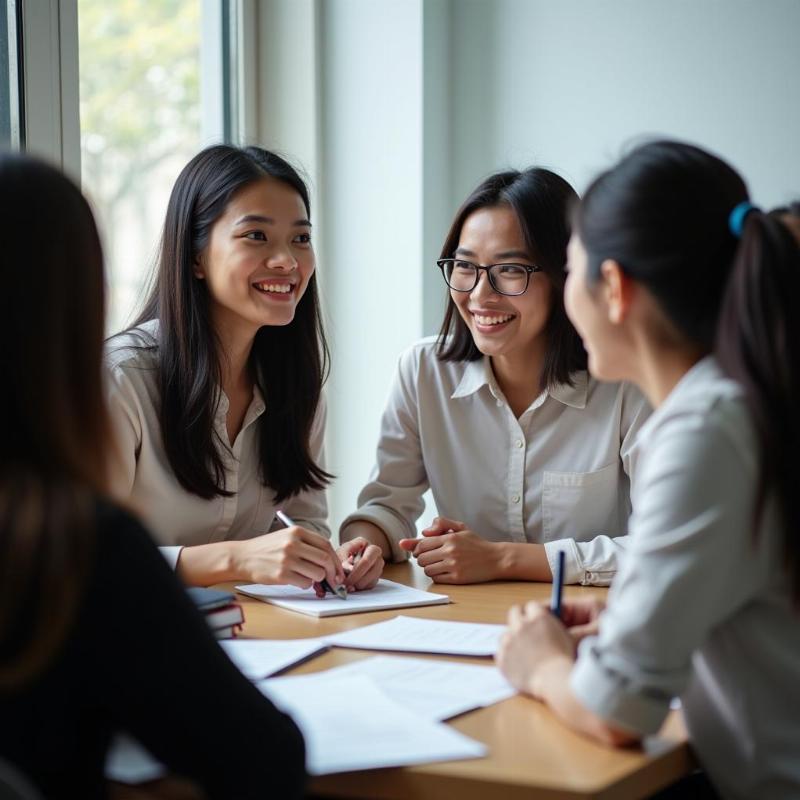 Một chuyên gia tư vấn Hướng Nghiệp đang trò chuyện và đưa lời khuyên cho một nhóm sinh viên Việt Nam trẻ tuổi về các bước chuẩn bị cho sự nghiệp trong ngành kinh tế